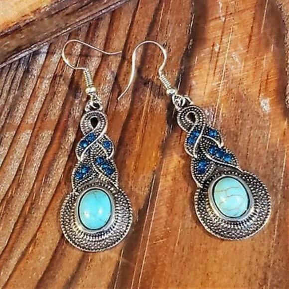 Antiqued Silver and Turquoise Dangle Earrings - Picture 1 of 4